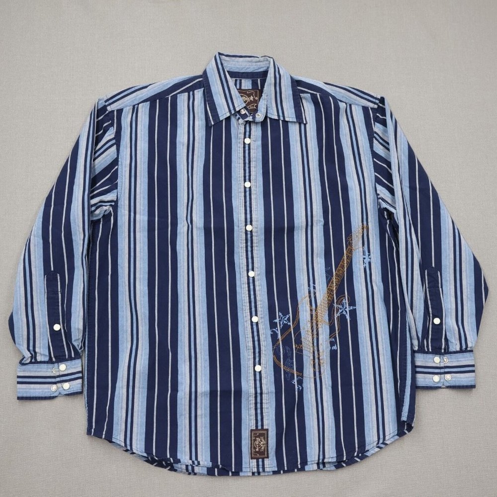 Hard Rock Western Shirt Pearl Snap Mens Size Small Embroidered Guitar Blue
